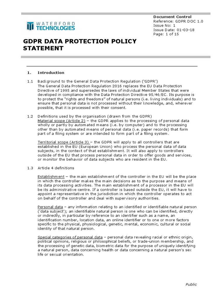 GDPR Data Protection Policy w1.0 PDF | PDF | Personally Identifiable ...