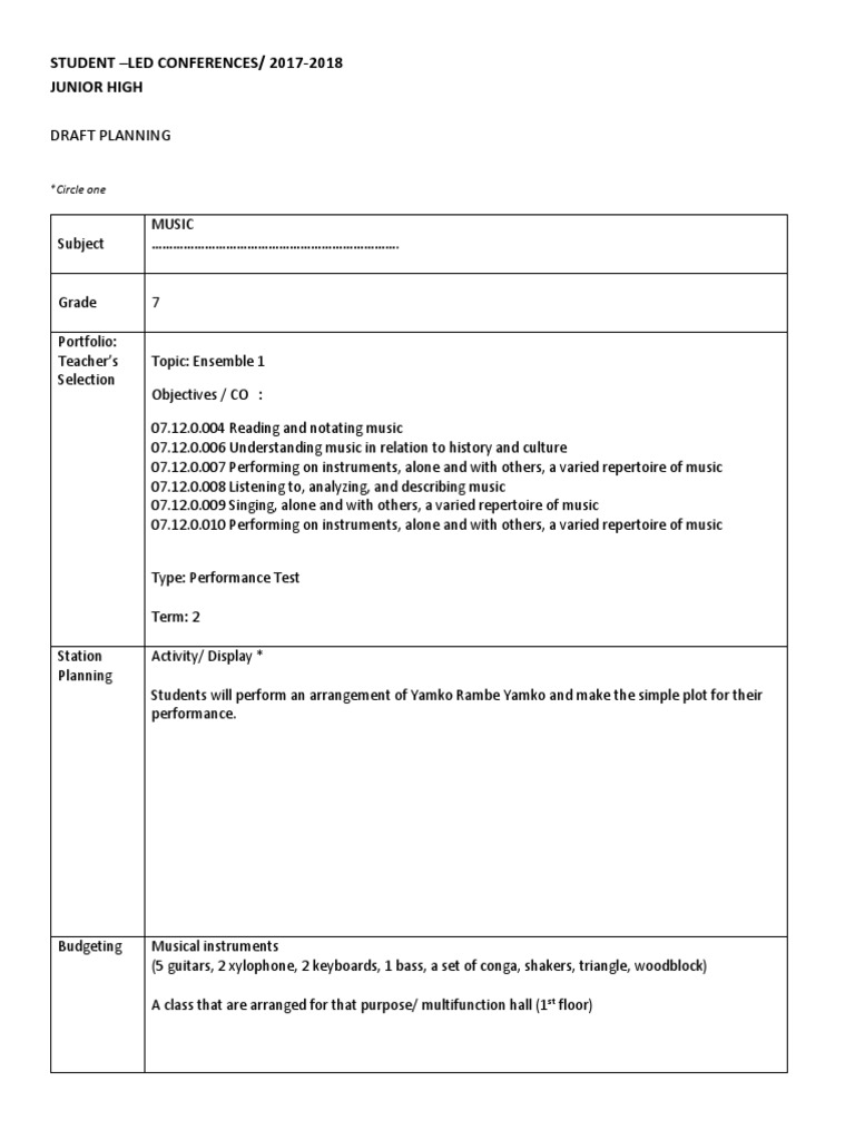 Junior High Music Performance Planning | PDF