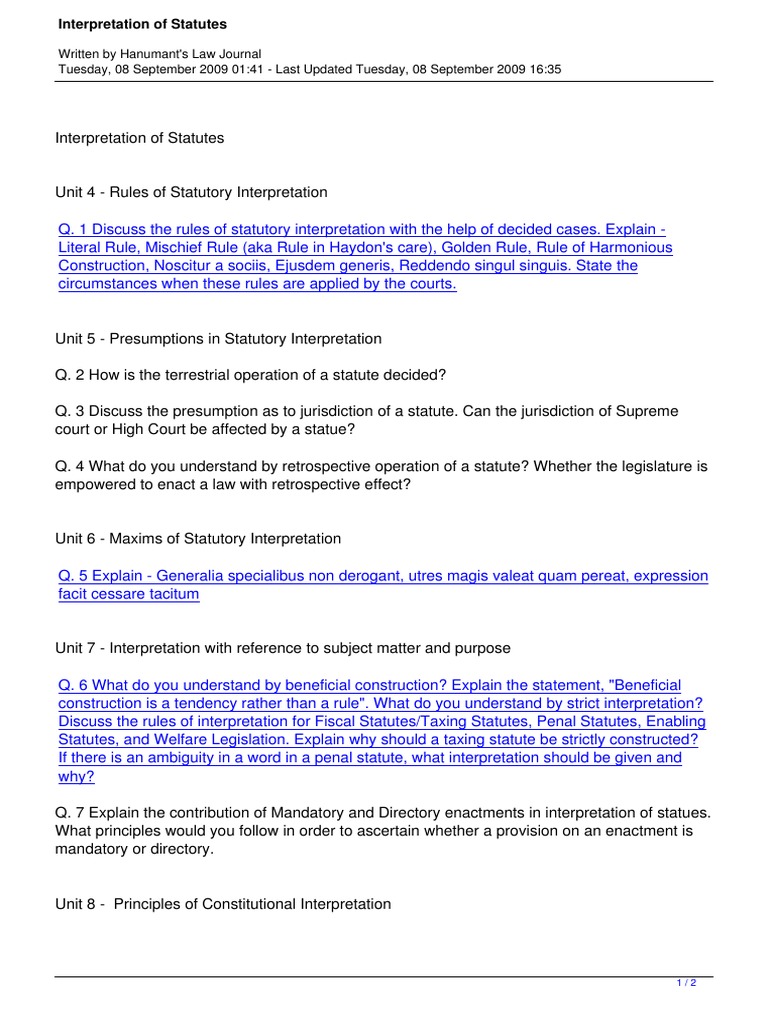 Interpretation of Statutes PDF PDF Statutory Interpretation