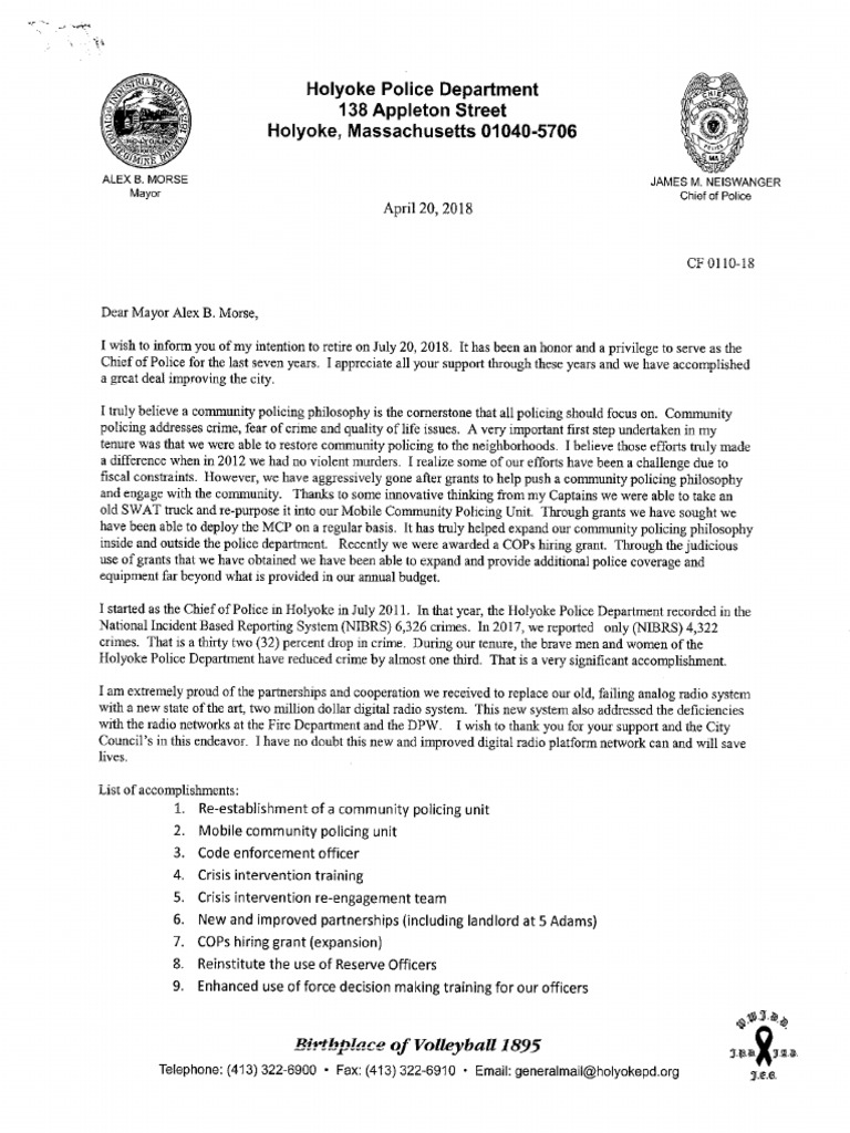 Retirement Letter From Holyoke Police Chief James M. Neiswanger | PDF