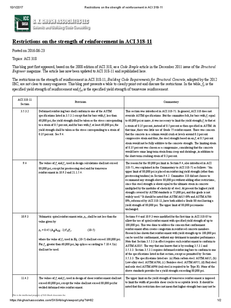 Restrictions on the Strength of Reinforcement in ACI 31811 Strength Of Materials Yield