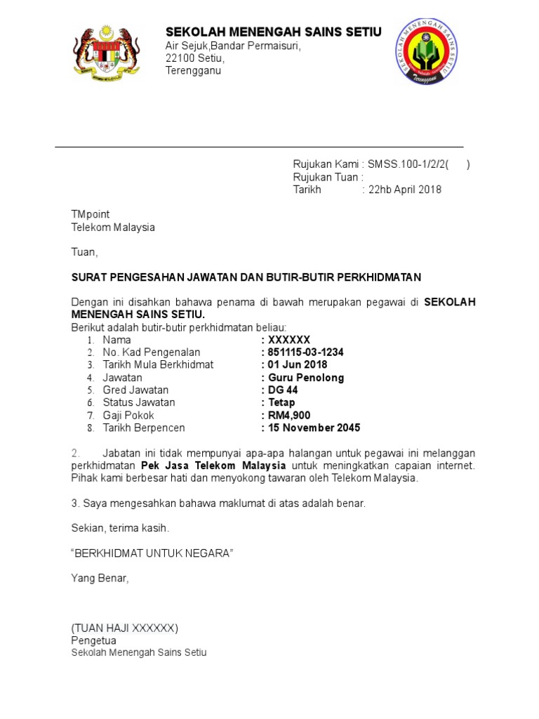 Surat Makluman Berhenti Sekolah