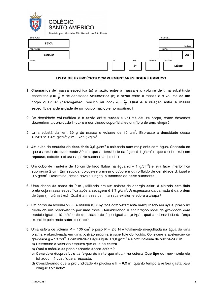 Lista de Exercícios sobre Empuxo | PDF | Flutuabilidade | Densidade