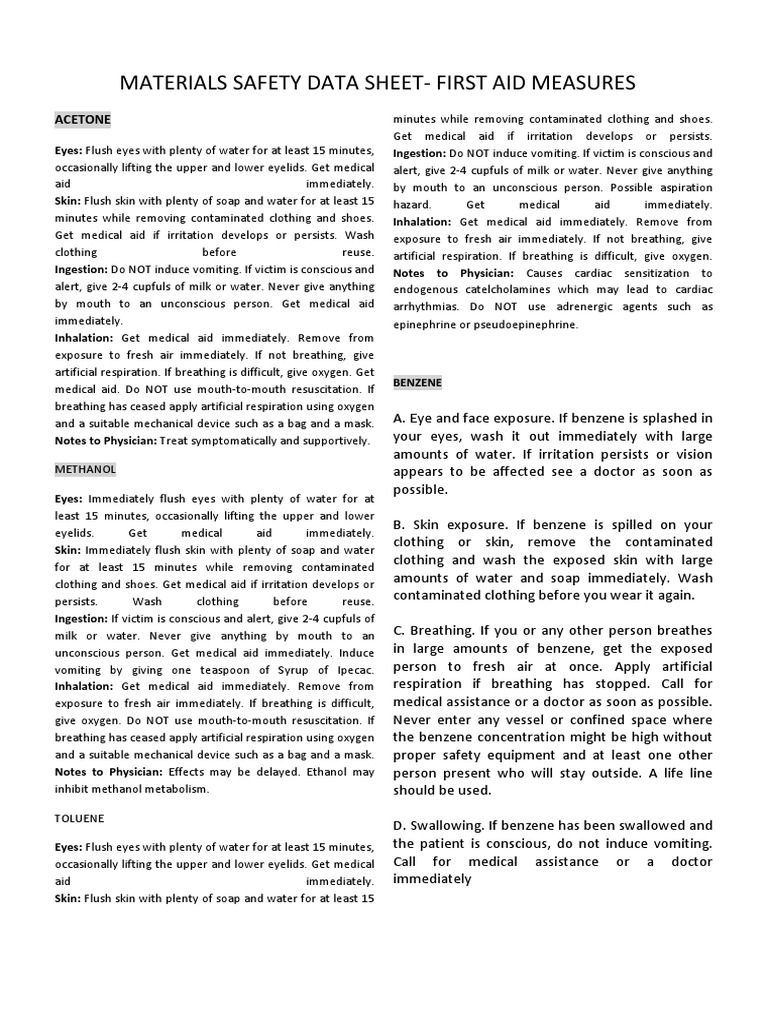 Materials Safety Data Sheet-First Aid Measures: Acetone | PDF ...