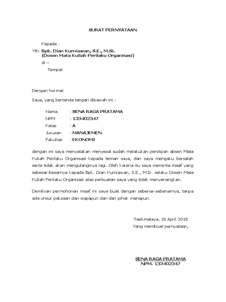 Surat Pernyataan Titip Absen