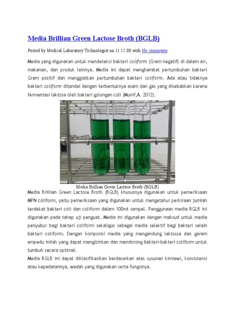 Media Brillian Green Lactose Broth (BGLB) | PDF