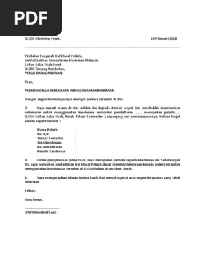 Contoh Surat Sokongan Ibubapa Pelatih Bagi Kebenaran Membawa Kenderaan Ke Kolej