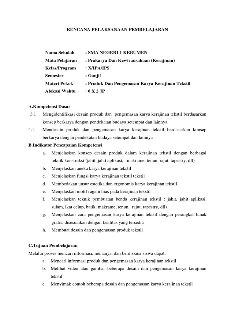 Rpp 5 Produk Dan Pengemasan Karya Kerajinan Tekstil Pdf