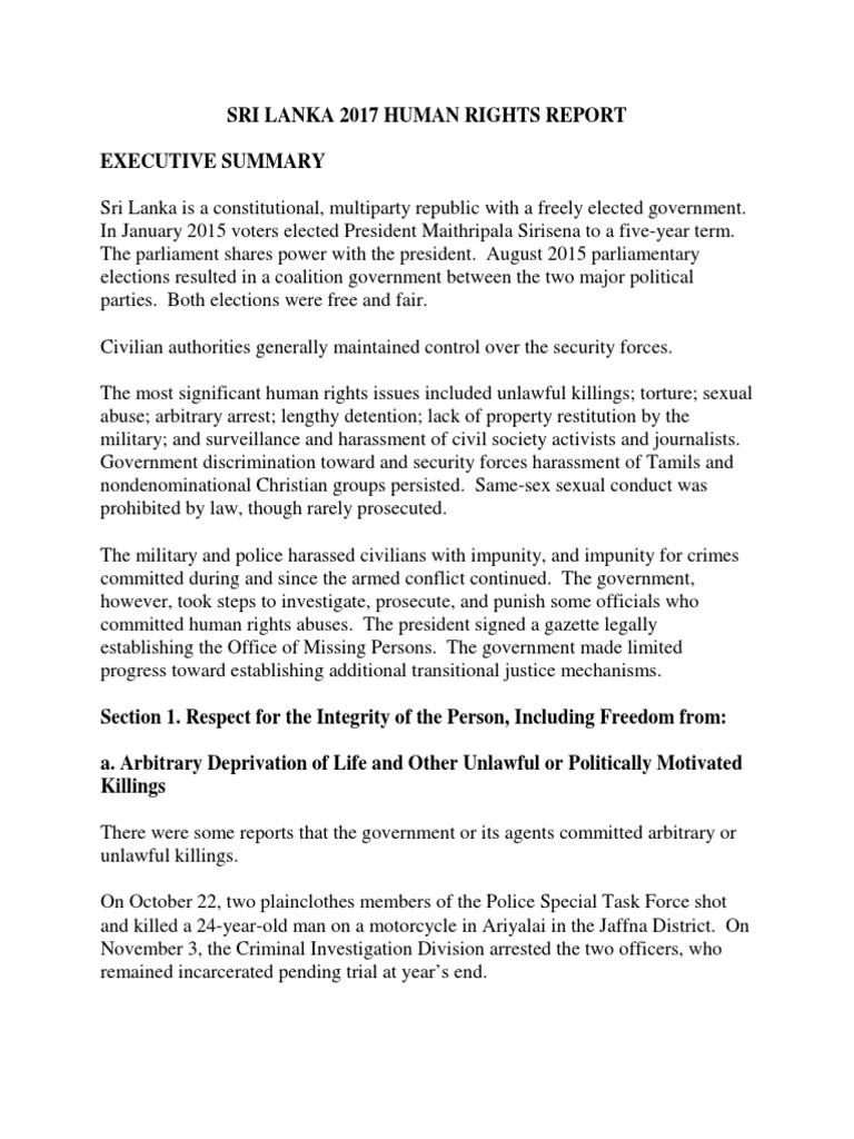 Sri Lanka Human Rights Overview 2017 | PDF | Remand (Detention) | Torture