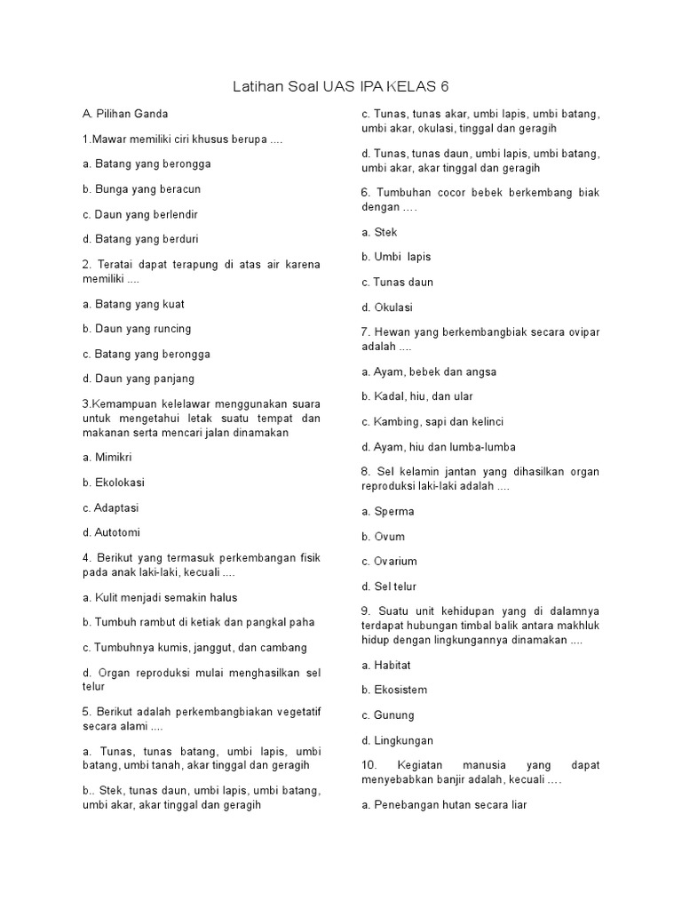 Latihan Soal Uas Ipa Kelas 6