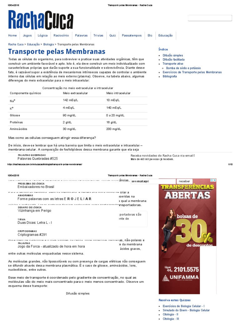 Transporte Pelas Membranas - Racha Cuca, PDF, Membrana celular