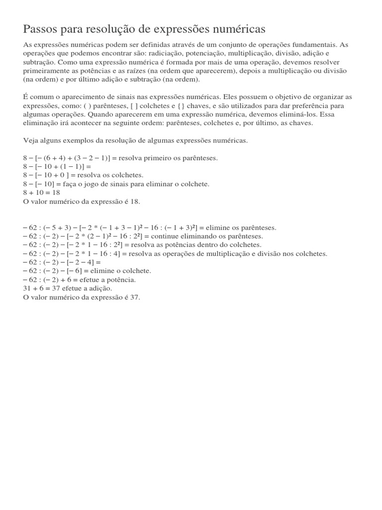 Como Resolver Expressões Numéricas | PDF