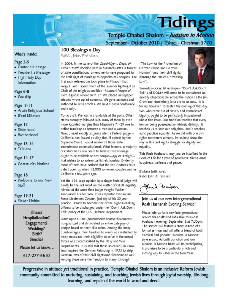September and October 2010 Tidings Newsletter, Temple Ohabei Shalom ...