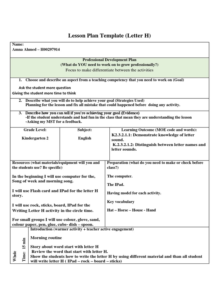 lesson plan letter h  Lesson Plan  Pedagogy