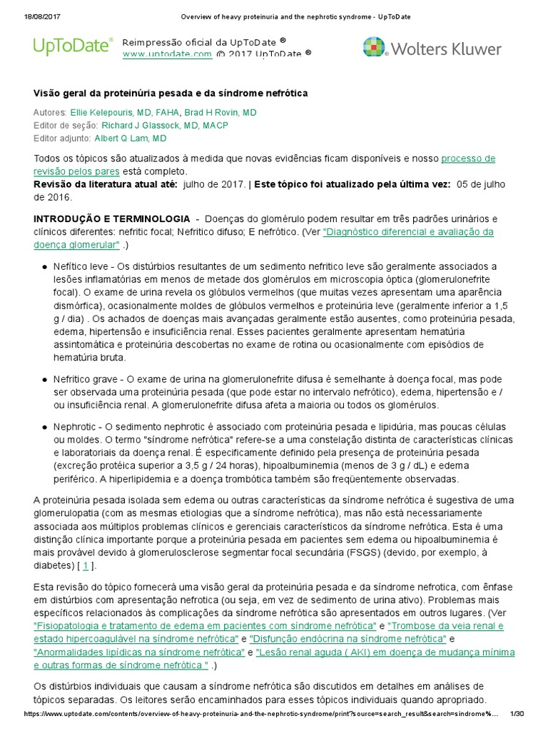 Overview Of Heavy Proteinuria And The Nephrotic Syndrome Uptodate Portugues Pdf Doenca Renal Trombose