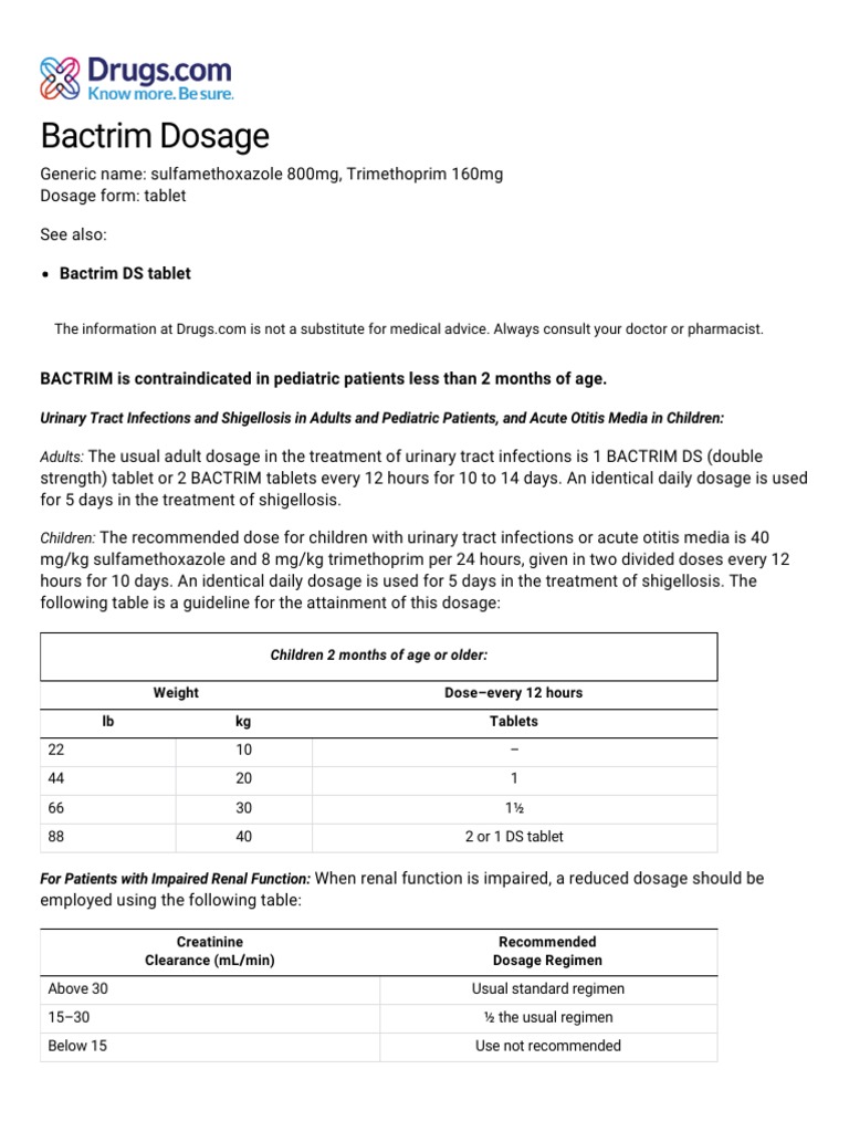 Bactrim Dosage Guidelines for Adults & Kids | PDF | Dose (Biochemistry ...
