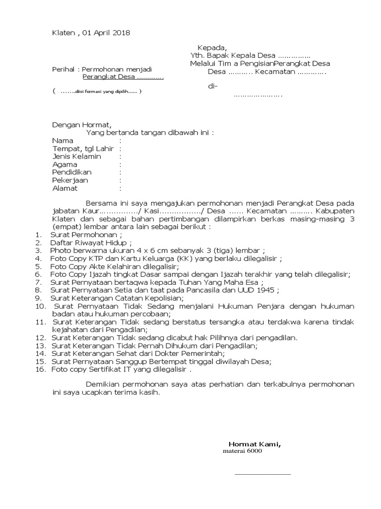 Contoh Surat Permohonan Menjadi Perangkat Desa - Kumpulan ...