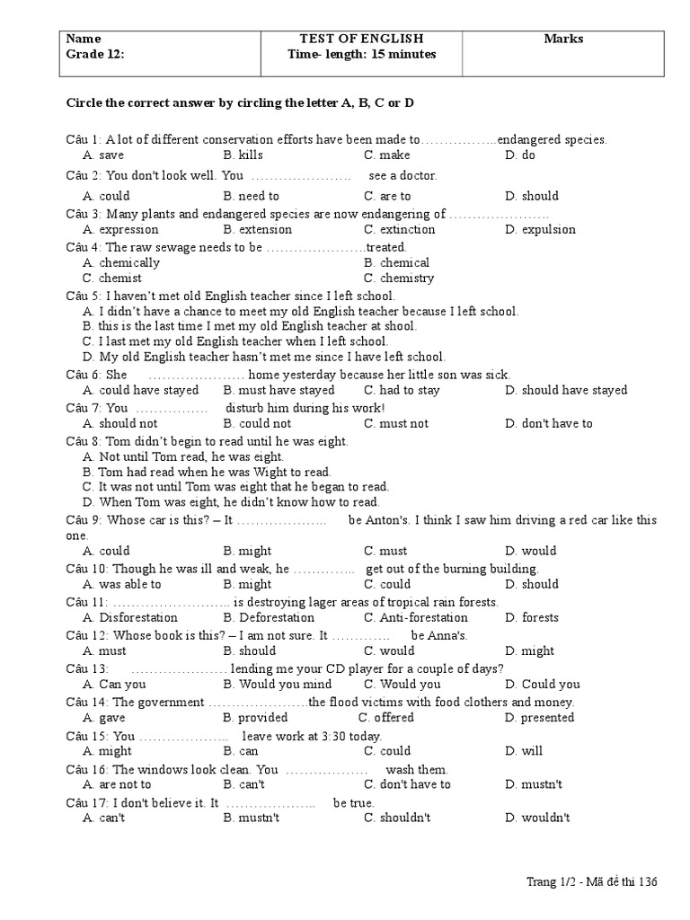 Name Grade 12 Test of English TimeLength 15 Minutes Marks PDF Nature
