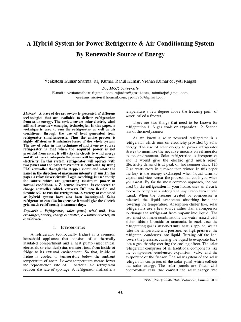 Hybrid Solar-Powered Refrigeration System | PDF | Refrigerator | Air ...