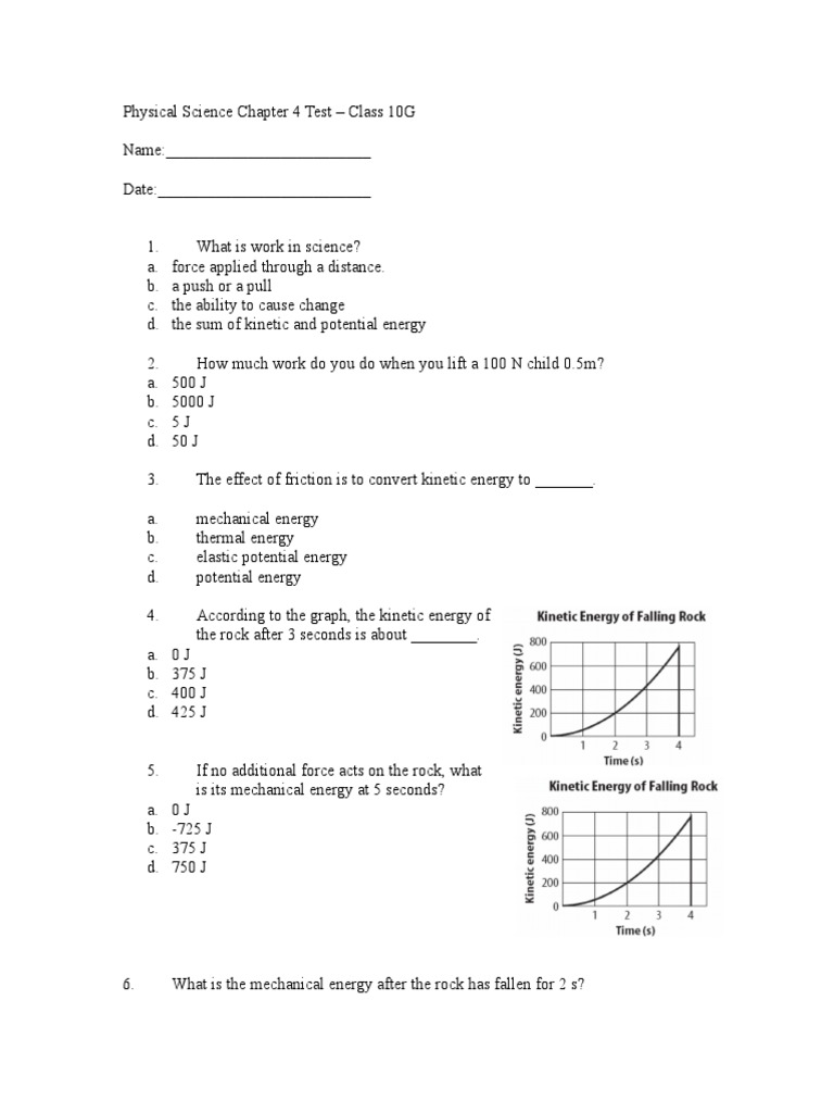 Chapter 4 Test Questions Potential Energy Energy