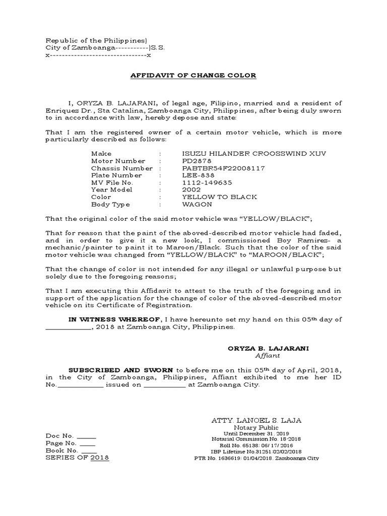 Affidavit of Change Color  Affidavit  Transport
