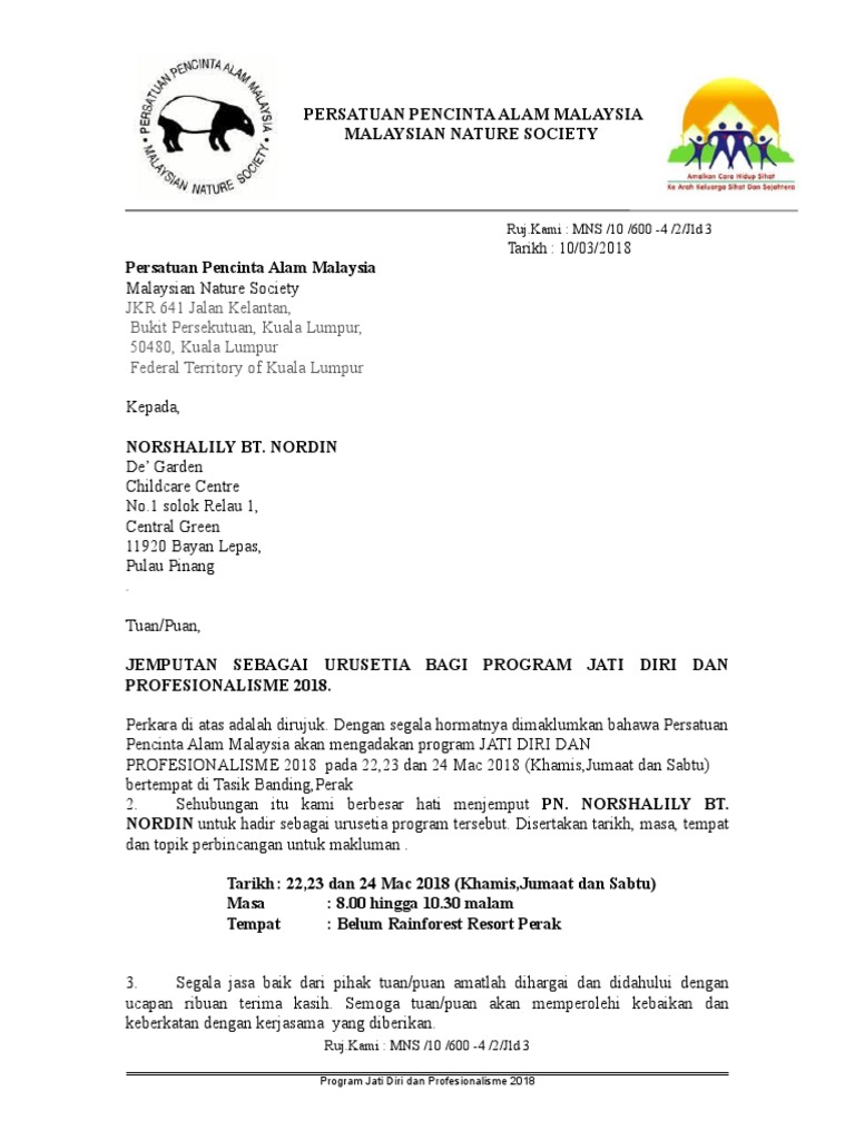 Contoh Surat Jemputan Sebagai Panel Forum