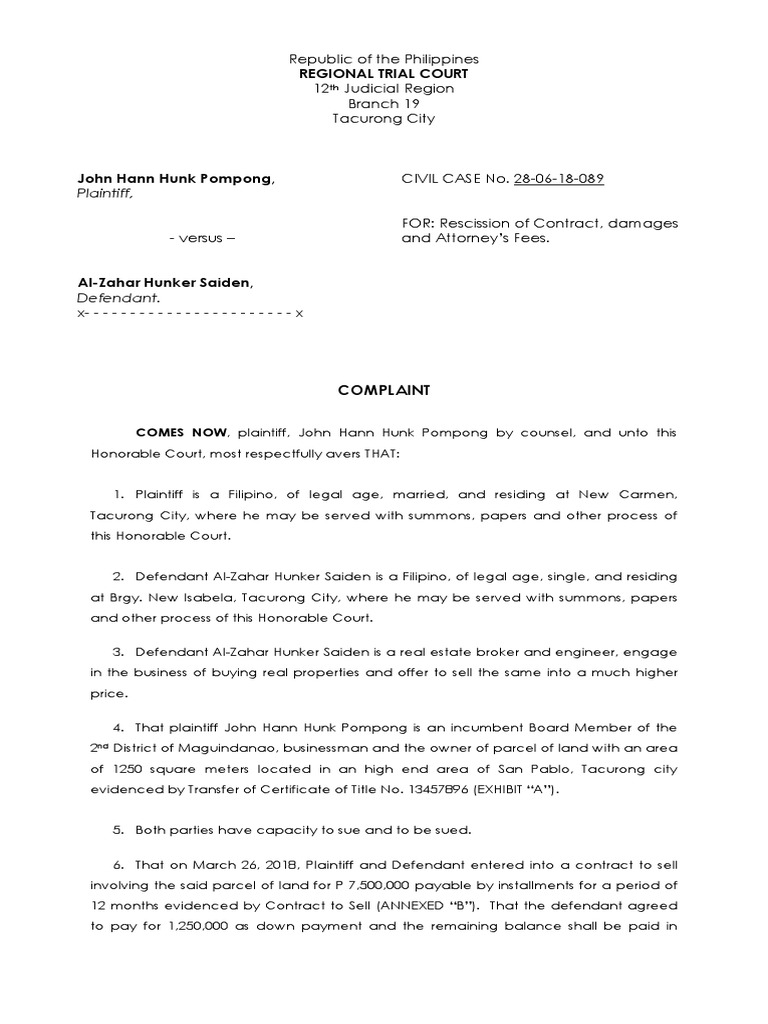 Complaint for Contract Rescission | PDF | Lawsuit | Damages