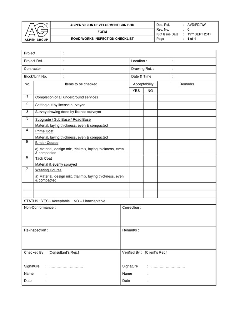 Road Works Inspection Checklist PDF