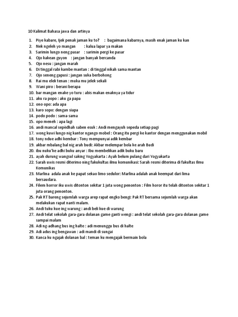 10 Kalimat Bahasa Jawa Dan Artinya PDF