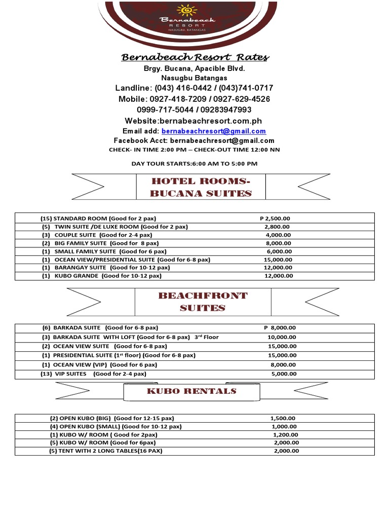 Bernabeach Resort Rates 2018 1 Business