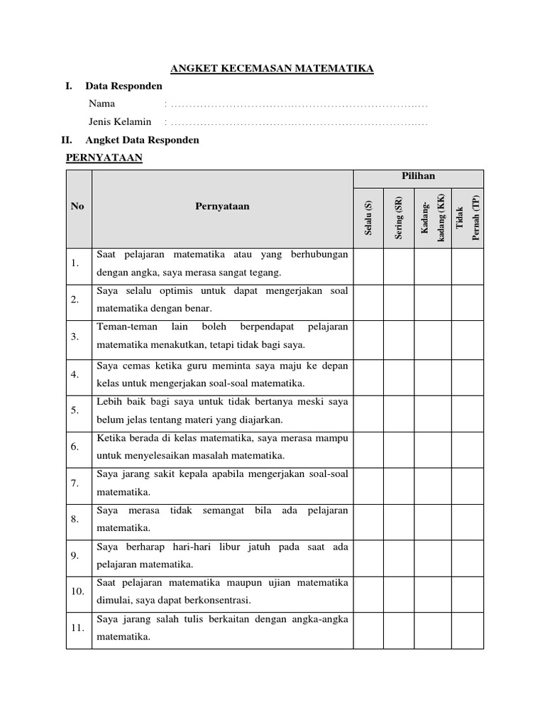 Angket Kecemasan Matematika | PDF