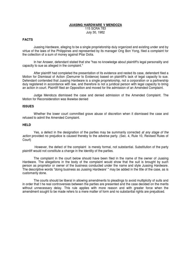 CivPro Juasing Hardware v. Mendoza GR No. L55687 PDF Prejudice