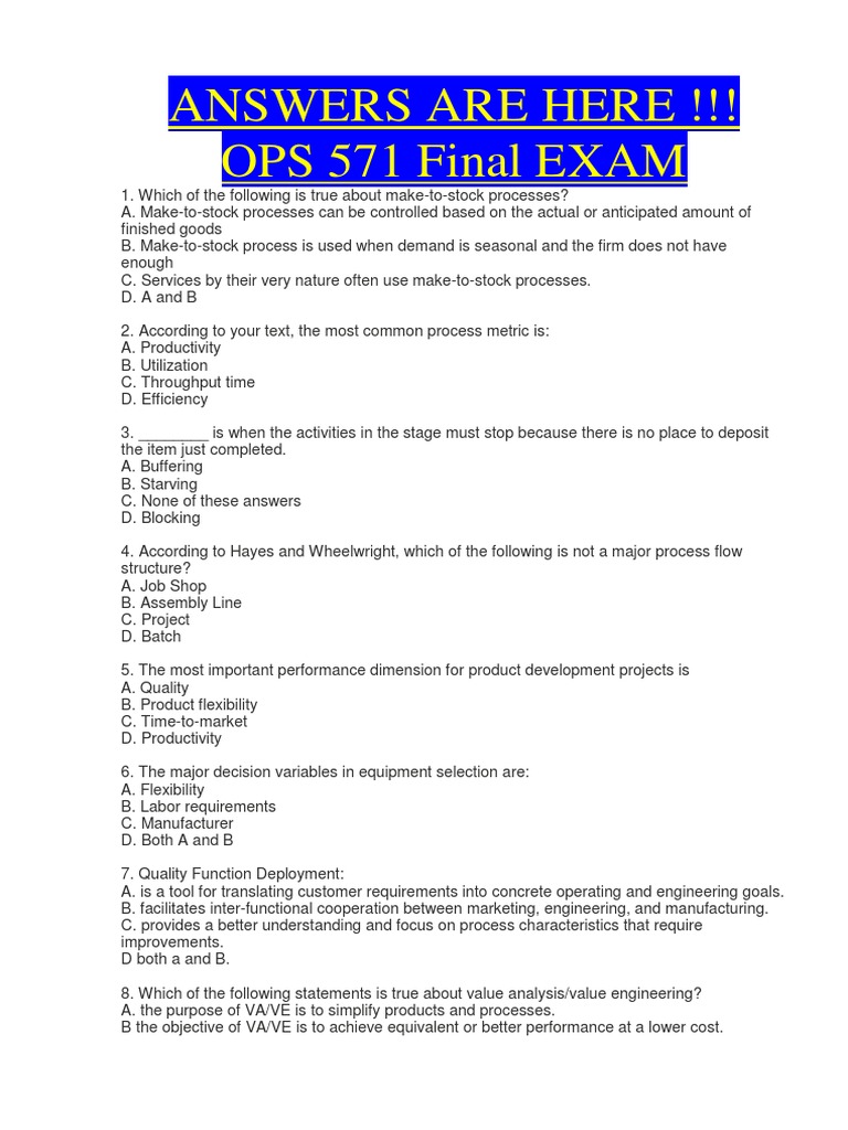 Answers to OPS 571 Final Exam Questions on Operations Management Topics