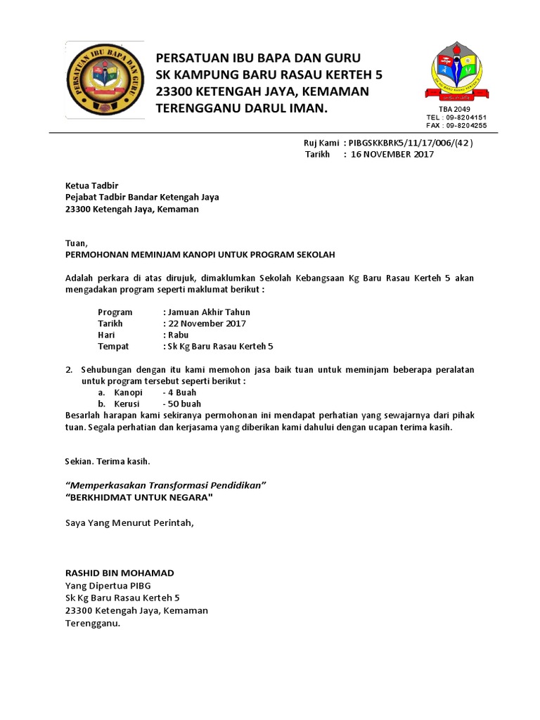 Contoh Surat Meminjam Khemah Majlis Daerah
