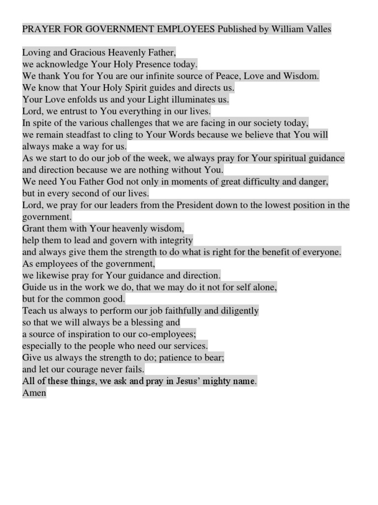 PRAYER FOR GOVERNMENT EMPLOYEES Published by William Valles | PDF | God ...