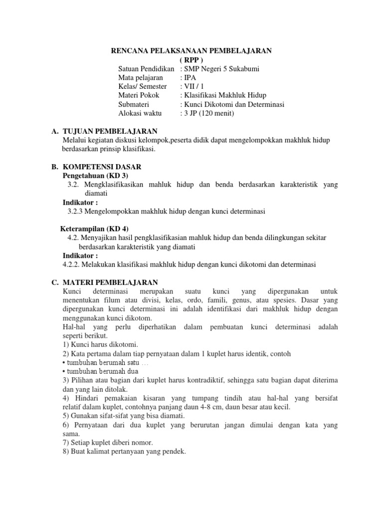 Rpp Klasifikasi 4 Determinasi