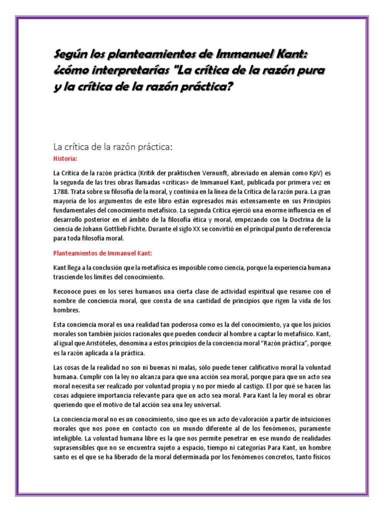 Crítica de la razón pura y práctica en Kant | PDF | Crítica de la razón ...