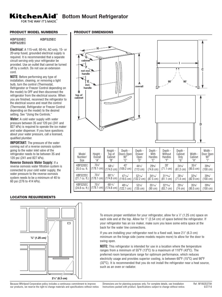 Installation Manual KitchenAid KBFS22EC Frbjlksqrkns ...
