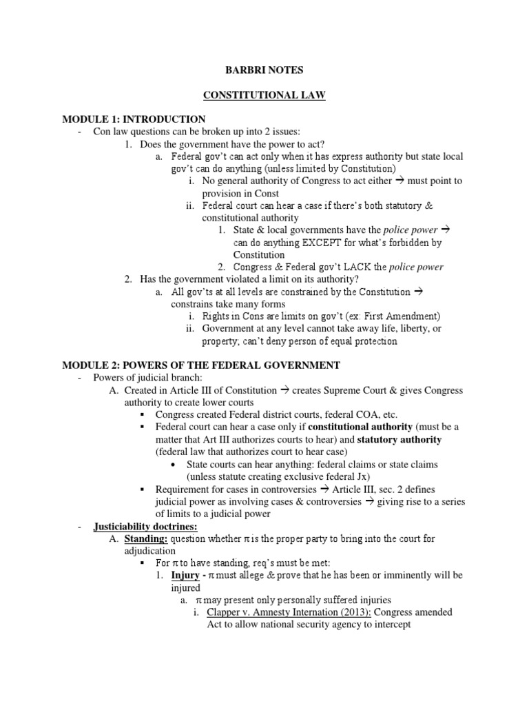 Barbri Notes Constitutional Law Module 1 Introduction PDF Concurrent Estate Federal