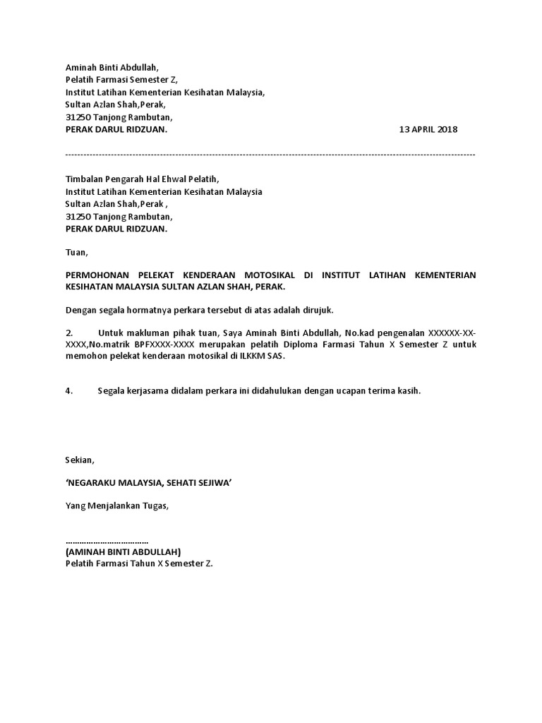 Contoh Surat Kebenaran Membawa Motosikal Kepada Tphep