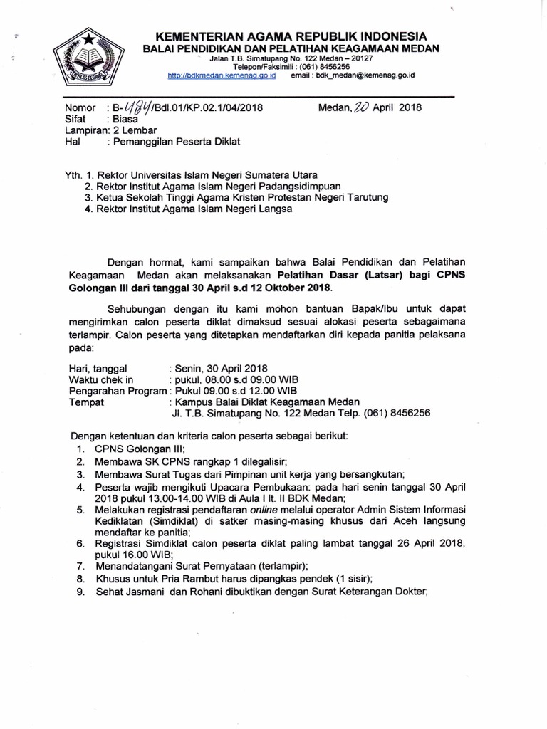Surat Pemanggilan Peserta Diklat Latsar Cpns 021 8752871 B- 5 lembar Pemanggilan Peserta Pelatihan Penulisan Karya Tulis Ilmiah Nasional Tahun 2019 Cibinong 10 April 2019 Daftar Nama Terlampir Di Tempat.