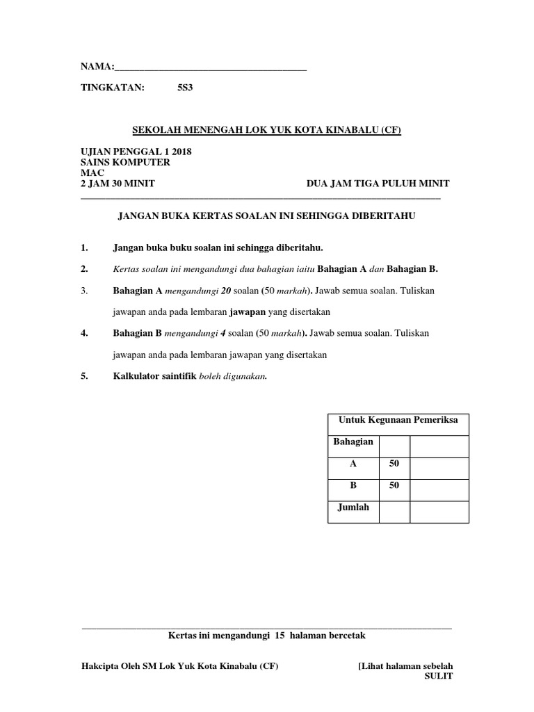 UJIAN 1 SAINS KOMPUTER TINGKATAN 5 2018