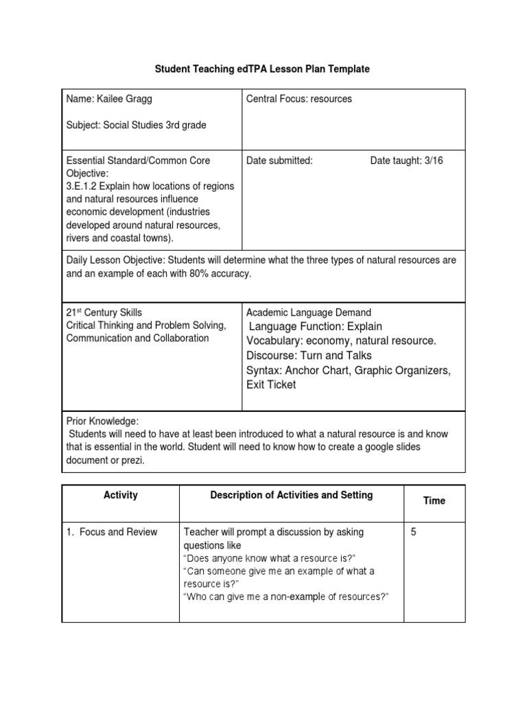 Student Teaching Edtpa Lesson Plan Template PDF Teachers Lesson Plan