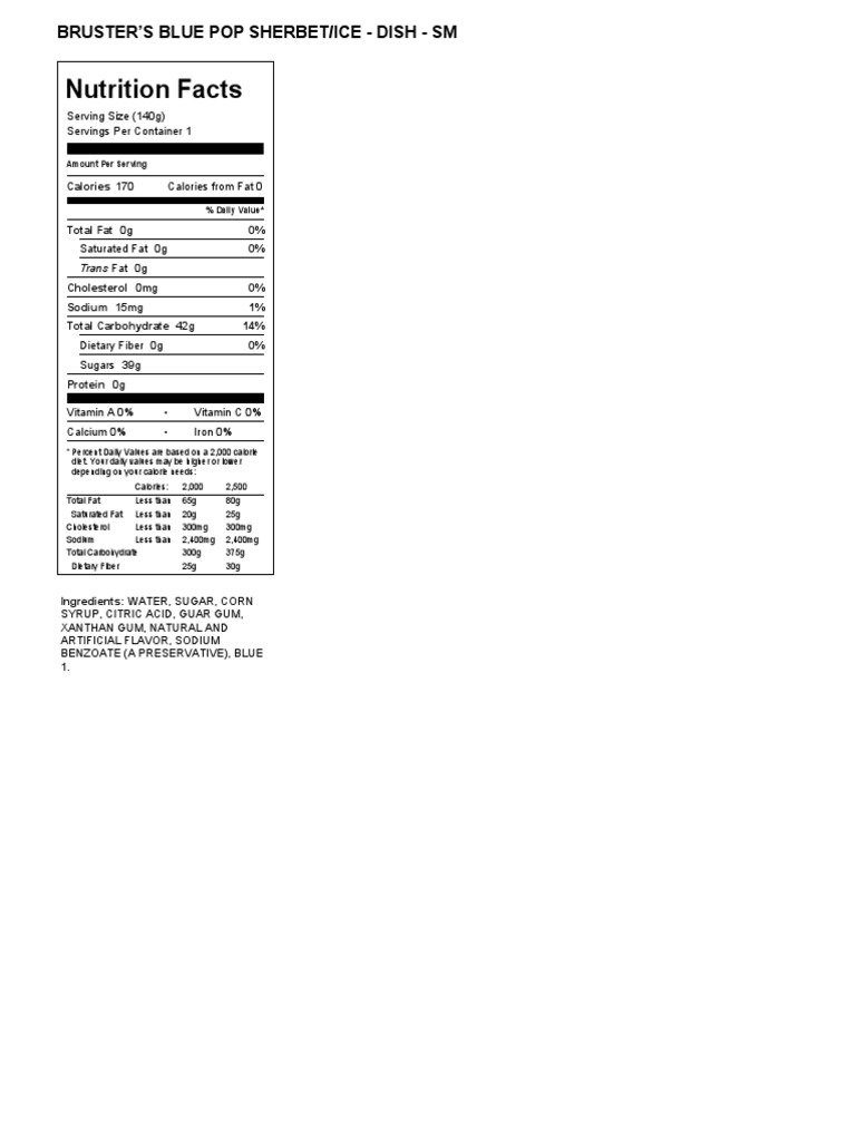 Nutrition Facts Brusters Blue Pop Ice, Dish Regular PDF Soybean