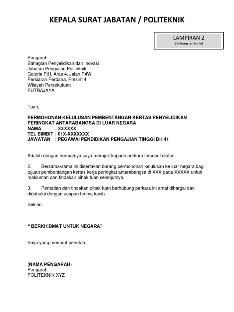 Contoh Surat Permohonan Keluar Negara Atas Urusan Persendirian