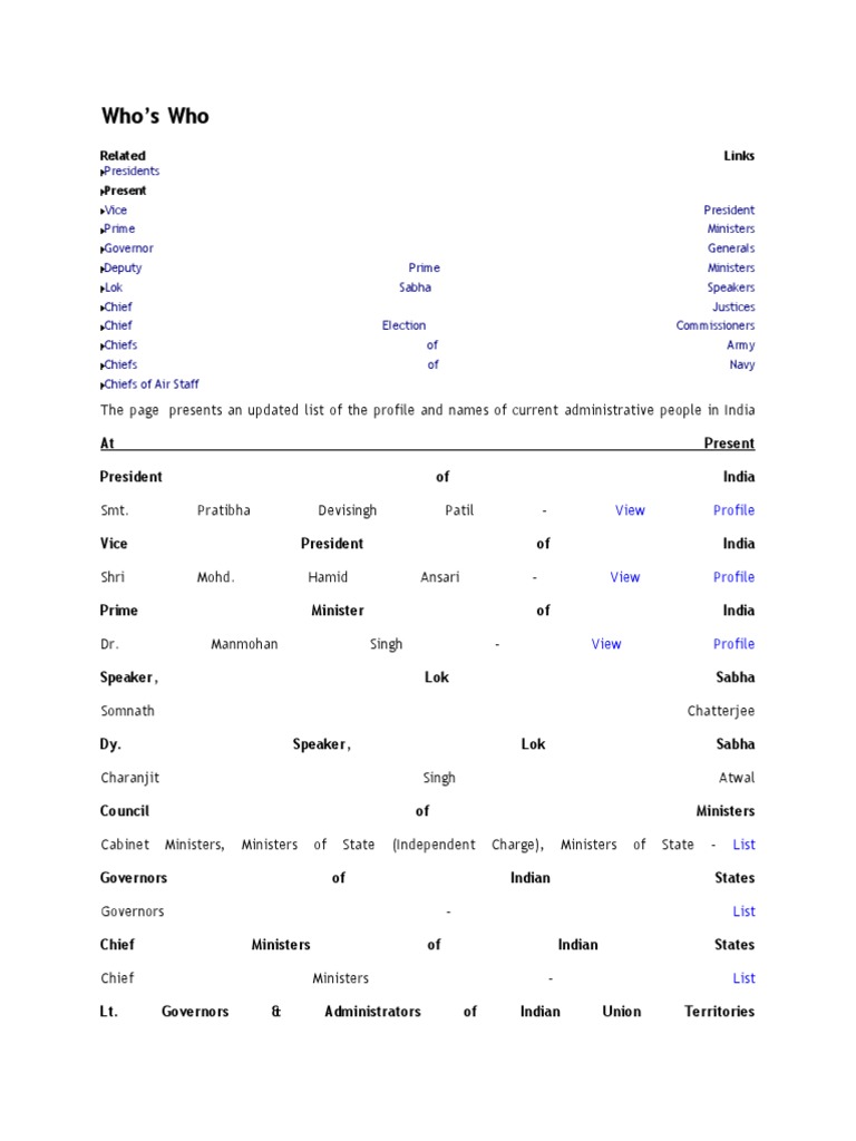 Who's Who: Related Links | PDF | Government Of India | Government ...