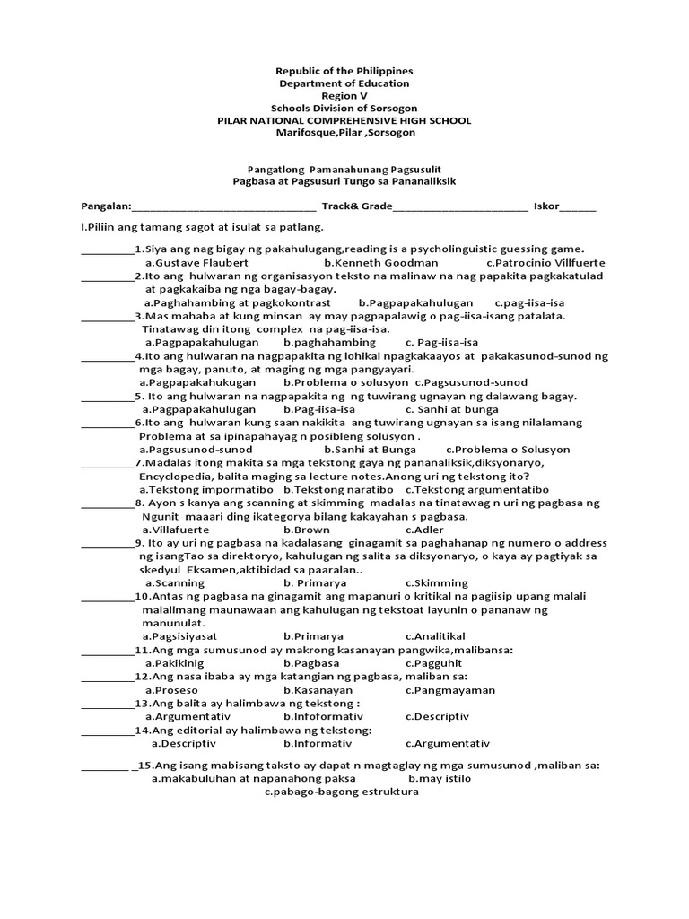 Test Questionnaire Ppagbsa at Pagsusuri | PDF