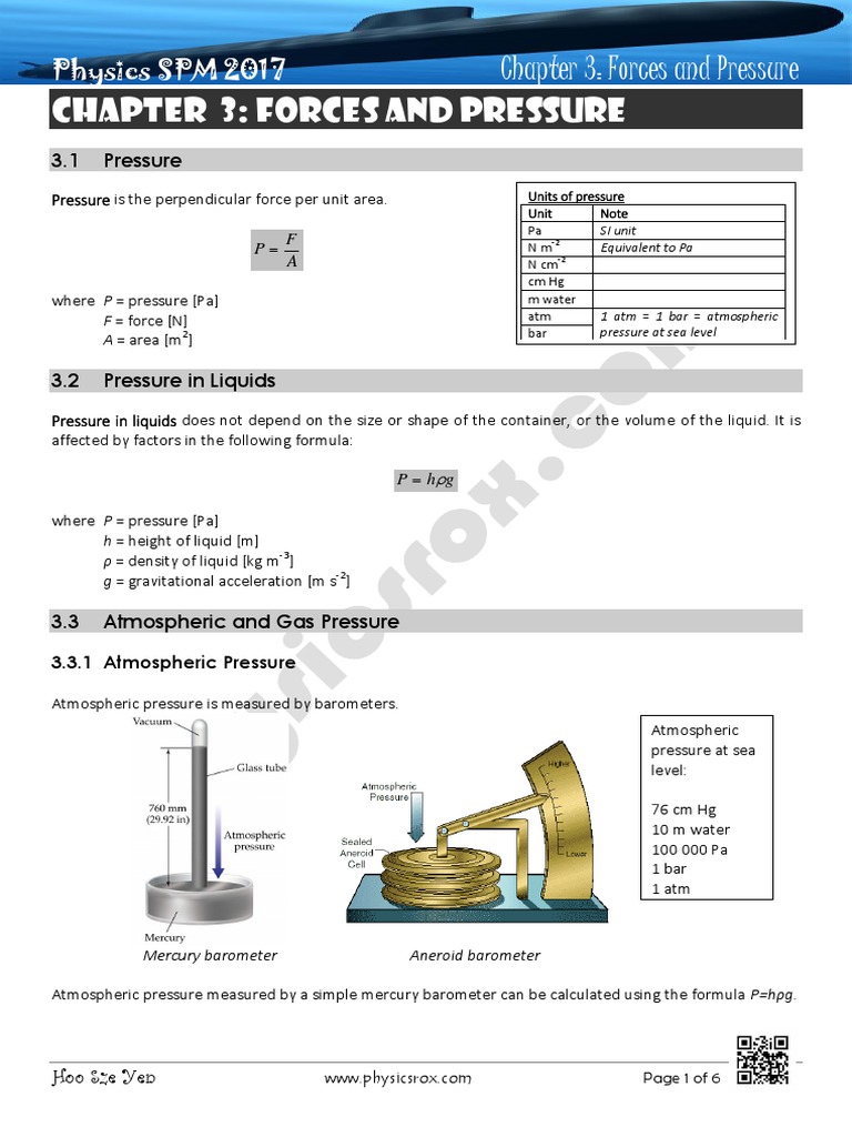 Chapter 3 Forces And Pressure 2017 Pdf Buoyancy Pressure Measurement