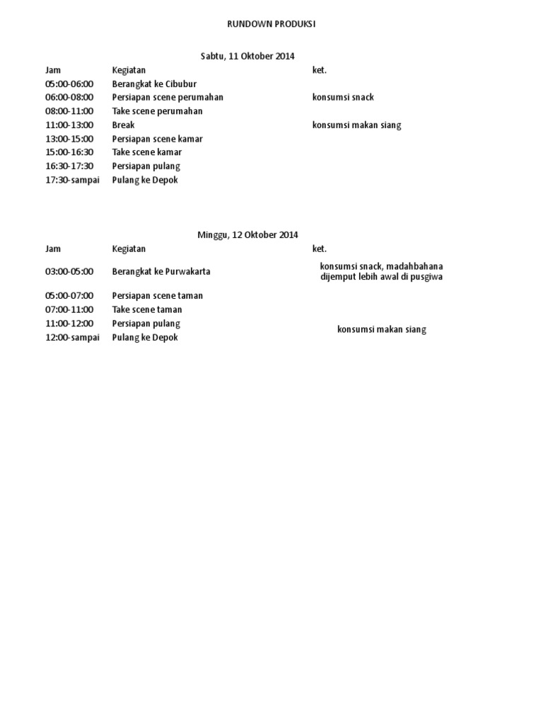 Rundown Produksi Film 11-12 Oktober | PDF