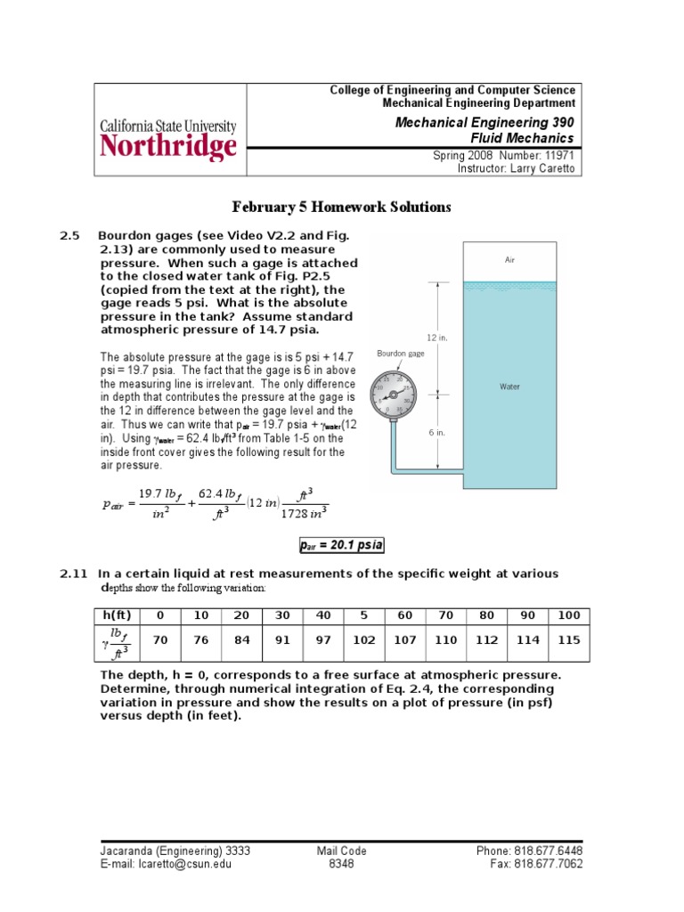 Fluid Mechanics Homework Solutions | PDF | Pressure Measurement | Pressure